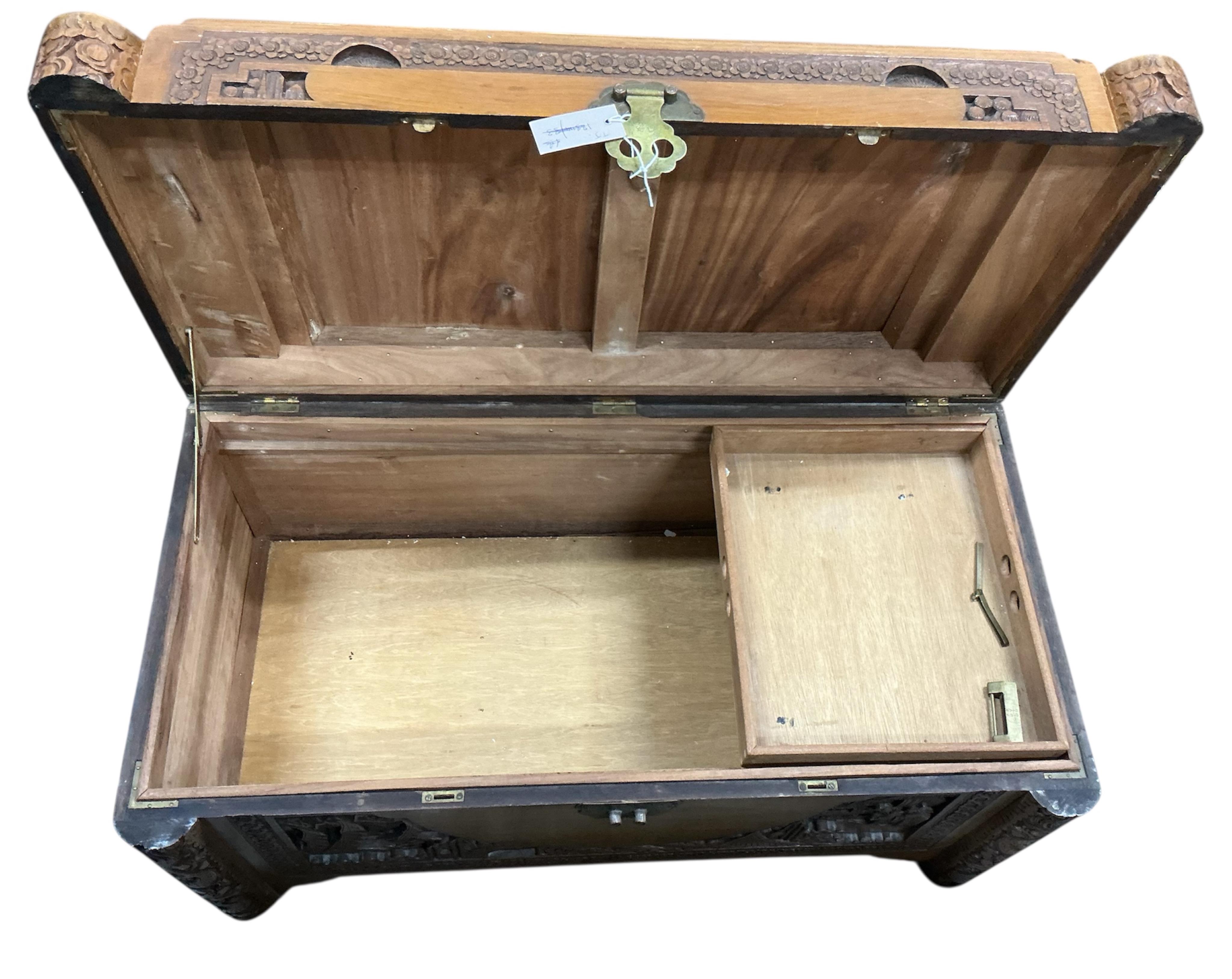A Chinese carved camphorwood trunk, width 93cm, depth 50cm, height 49cm